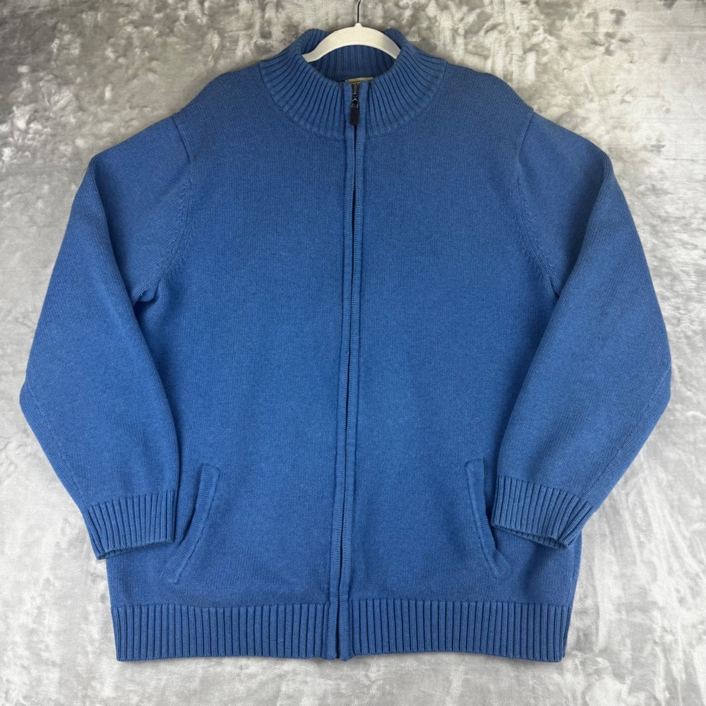 LL Bean Full Zip Sweater Mens XXL Tall Blue Cotton Mock Neck Cardigan (1608)